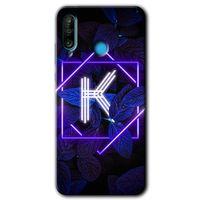 Huawei P30 Lite Kılıf Baskılı Kapak - Dark Neon Yaprak K Harfi +Tam Kaplayan Mat Seramik