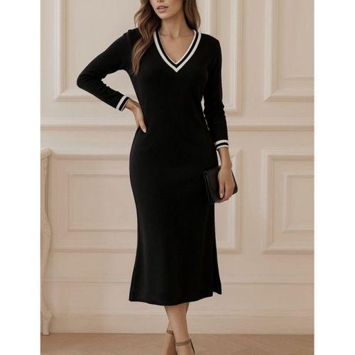 Kadın Uzun Kollu V Ribana Yakalı Yanlardan Yırtmaçlı Midi Viskon Iki Iplik Elbise