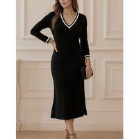 Kadın Uzun Kollu V Ribana Yakalı Yanlardan Yırtmaçlı Midi Viskon Iki Iplik Elbise