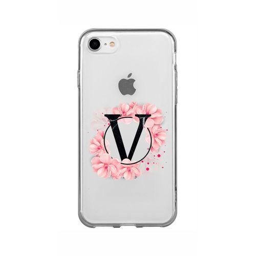 iPhone SE (2020) Pembe Çiçek Desen V Harfli Şeffaf Kılıf