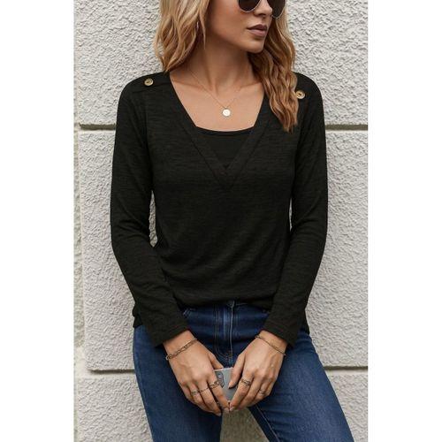 Kadın Uzun Kollu V Yaka Düğme Detaylı Yumoş Bluz