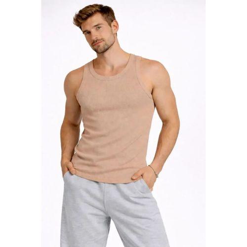 Erkek Fitilli Atlet Sıfır Yaka Slim Fit Arka Baskılı Spor Atlet - Bej