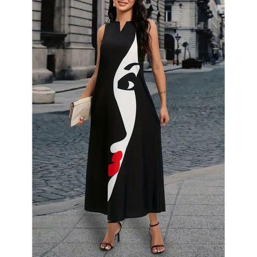 Kadın Sıfır Kol V Yakalı Kadın Yüz Desenli Süprem Elbise