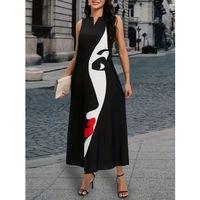 Kadın Sıfır Kol V Yakalı Kadın Yüz Desenli Süprem Elbise