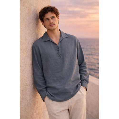 Baldwin Apaş Yaka Britli 3 Düğmeli İnce Modal Kumaş Oversize Uzun Kollu Yazlık Erkek Gömlek - Füme