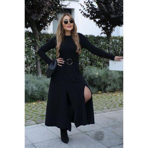 Kadın Uzun Kollu Bisiklet Yaka önden Halka Detaylı Yırtmaçlı Uzun Viskon Iki Iplik Elbise