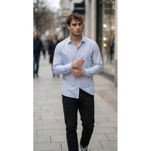 Felton Çizgili Saten Kumaş Tek Cepli Regular Fit Erkek Gömlek - Açık Mavi