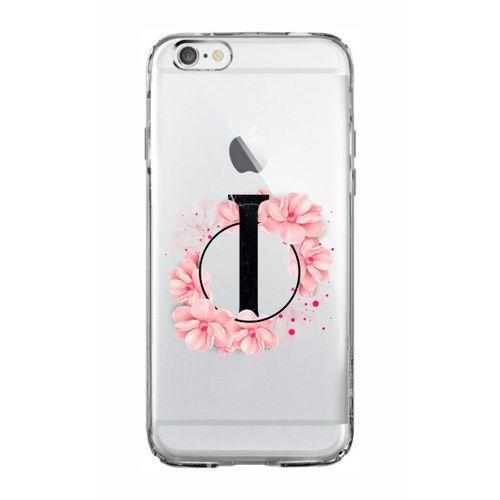 iPhone 6 Plus Pembe Çiçek Desen I Harfli Şeffaf Kılıf