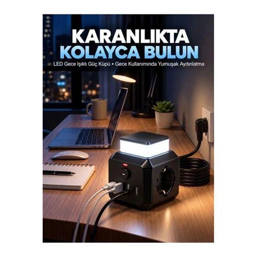 Akım Korumalı 3’lü Priz 2200w 1050j 10a Gece Lambalı 2 Usb 2 Type-c Şarj Girişli Bsp-4