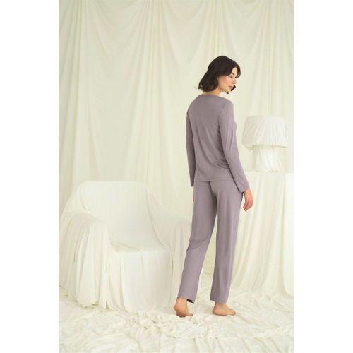 Yakası Kolu Ve Omzu Dantelli Boydan Düğmeli Pijama Takımı