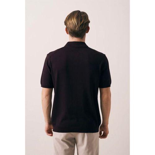 Ritchie Fermuarlı Polo Yaka Dikey Çizgili Kısa Kollu İnce Triko Erkek T-Shirt - Bordo