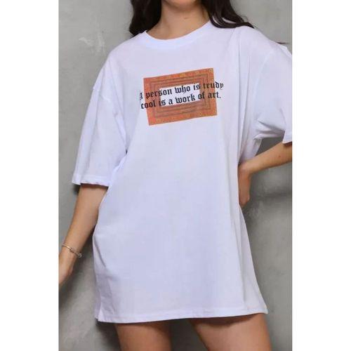 Pilelistore Unisex Bisiklet Yaka Baskılı Oversize T-Shirt - Beyaz