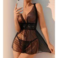 Siyah Dantel İşlemeli Puantiyeli Tül Fantezi Gecelik