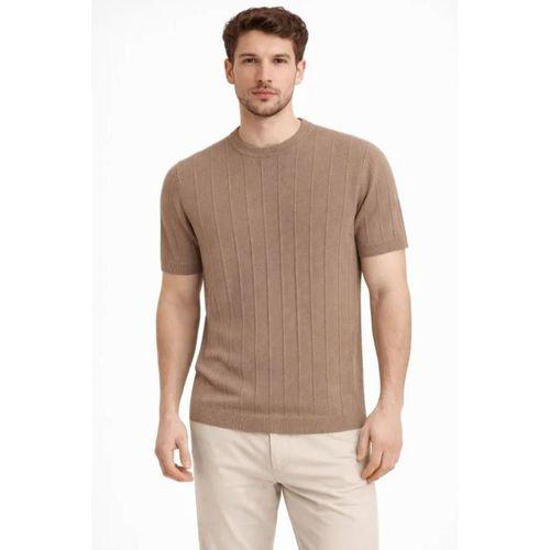 Erkek Yazlık Fitilli Triko Tişört Kısa Kol Bisiklet Yaka T-Shirt - Kahverengi