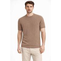Erkek Yazlık Fitilli Triko Tişört Kısa Kol Bisiklet Yaka T-Shirt - Kahverengi