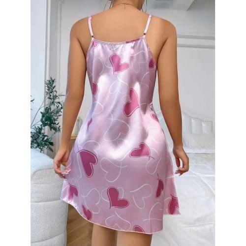 Kadın Pembe Saten Askılı Fuşya Kalp Desen Baskılı Gecelik 2217