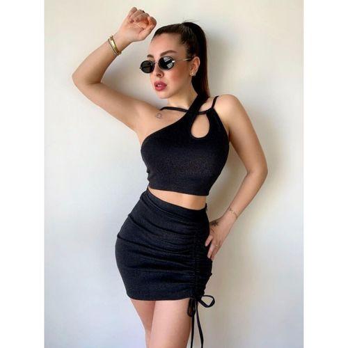 Kadın Asimetrik Yaka Detay Crop Ve Yüksek Bel Mini Etek Ikili Takim