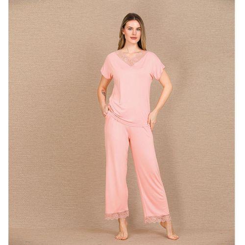 Viskon Şık Tasarım Dantel İşlemeli Açık Pembe Kısa Kol Pijama Takımı