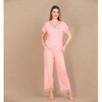 Viskon Şık Tasarım Dantel İşlemeli Açık Pembe Kısa Kol Pijama Takımı