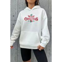 Yılbaşı Merry Christmas Baskılı Oversize Kapüşonlu Sweatshirt Hoodie - Beyaz
