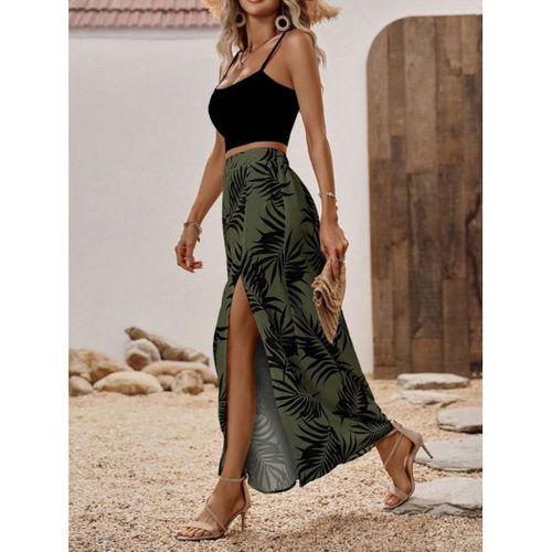 Kadın Ip Askılı Yuvarlak Yaka Kısa Viskon Bluz Ve Desenli Yırtmaçlı Süprem Etek Ikili Takım