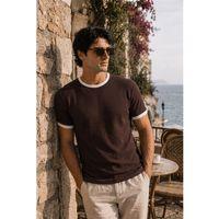 Miyazaki Regular Fit %100 Pamuk Waffle Box Bisiklet Yaka Erkek T-Shirt - Kahve