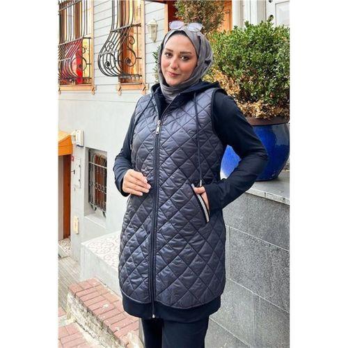 Fermuarlı Sim Şerit Detaylı Cep Kapşonlu Büyük Beden Kapitone Üçlü Takım - 12023.015 - Lacivert