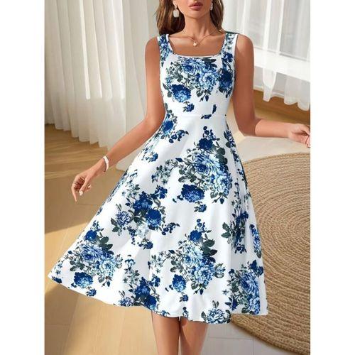 Kadın Askılı Kare Yakalı çiçek Desenli Midi Dalgıç Elbise