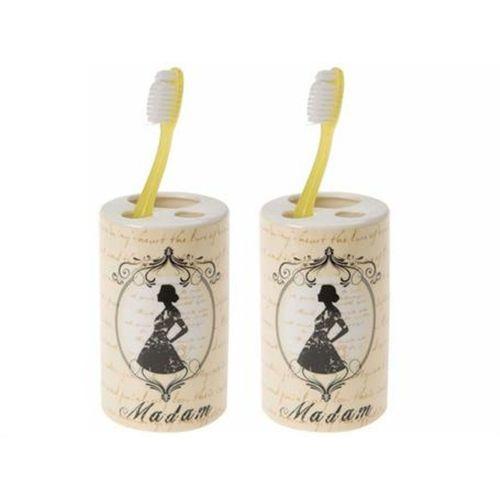 2 Adet Seramik Diş Fırçalık Madam Desenli 7X7X11Cm Banyo Seti