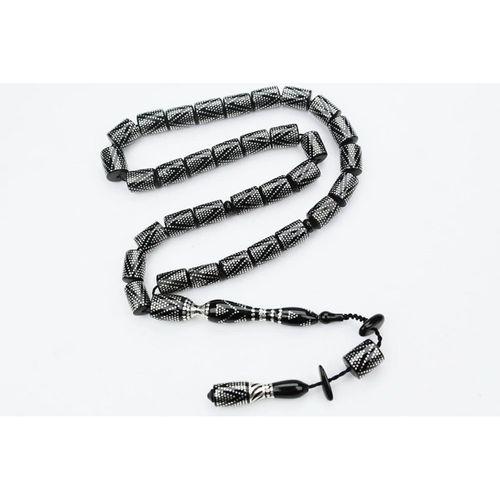 Kesme Piramit Zikzak İşlemeli Oltu Taşı  Tespih