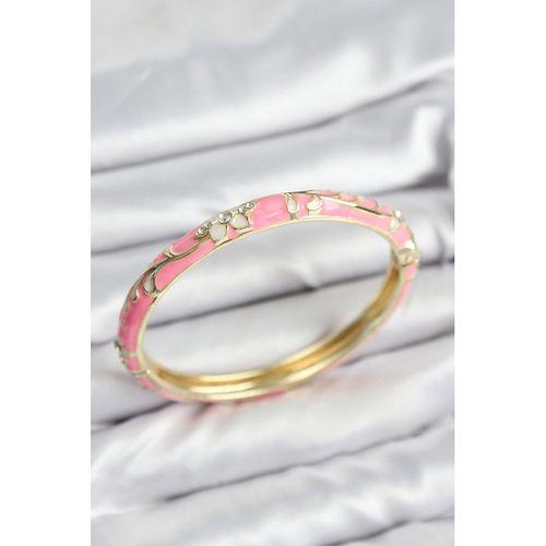 Mineli Pirinç Zirkon Taşlı Pembe Çiçek Motifli Gold Kadın Kelepçe