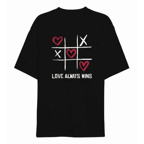 14 Şubat Sevgililer Günü Love Always Wins Baskılı Oversize Bisiklet Yaka T-shirt - Siyah