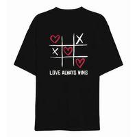 14 Şubat Sevgililer Günü Love Always Wins Baskılı Oversize Bisiklet Yaka T-shirt - Siyah
