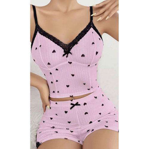 Kadın Pembe Kalp Desenli Askılı Şortlu Pijama Takımı Rahat Şık 2’li Set