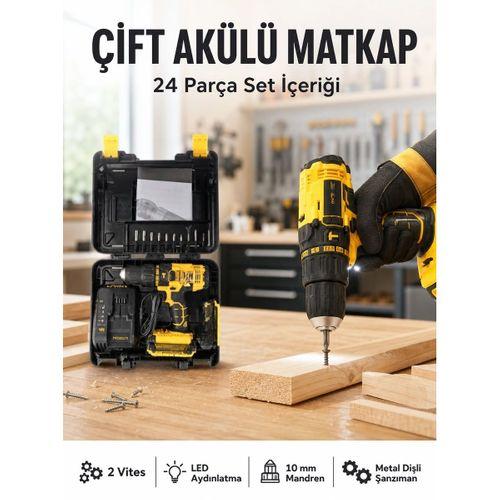 Matkap Seti 24 Parça Çift Bataryalı Darbeli Led Işıklı Vidalama Yeni Nesil