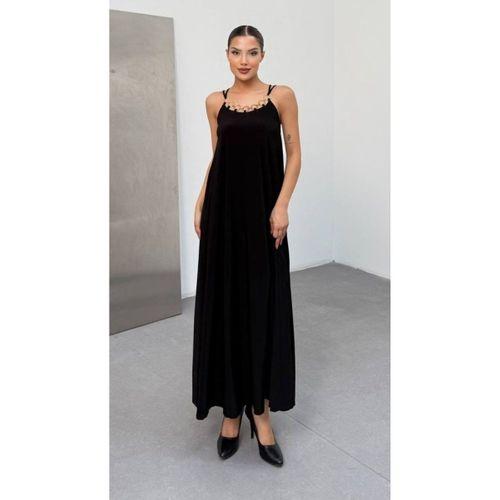 Kadın Omuz Askılı Kuş Gözü Zincir Detay Sandy Kumaş Maxi Boy Elbise