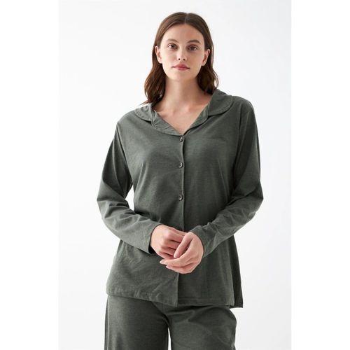 Kadın Haki Düğmeli Pamuklu Pijama Takımı