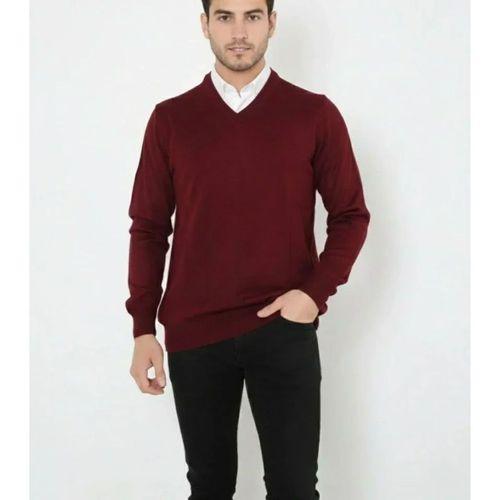 Erkek V Yaka Triko Kazak Yumuşak Dokulu Pamuklu Ince Dokuma, Uzun Kollu Rahat Regular Kalıp - Bordo