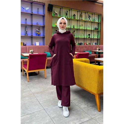 Kapşonlu Yandat Çıtçıtlı Sade Basic Uzun Tunik ve Pantolon İkili Spor Takım - 03071.020 - Mürdüm