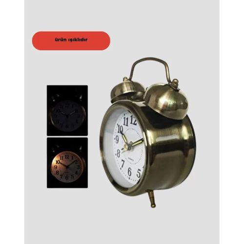 Metal Bronz Nostaljik Masa Saati Alarmlı Büyük Boy Sessiz Mekanizmalı
