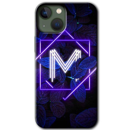 MRCİLETİSİM iPhone 13 Kılıf HD Desen Baskılı Arka Kapak + Mat Kobra Cam - Dark Neon Yaprak M Harfi