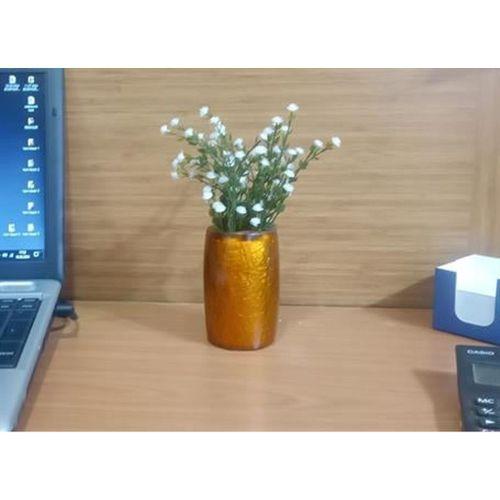 2 Adet Vazo Dahil,Vazoda Çiçek,Beyaz Yapay Çiçek,Vazo Dekoratif Altın Renkli Poliresin  5X5X12Cm
