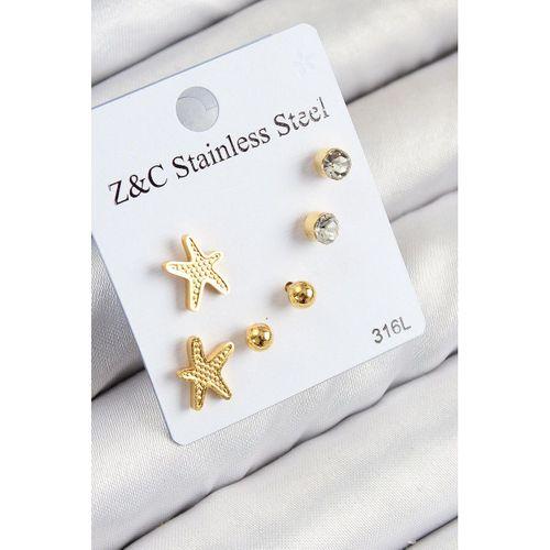 316L Çelik Zirkon Taşlı Deniz Yıldızı Model Gümüş Renk Kadın Set Küpe