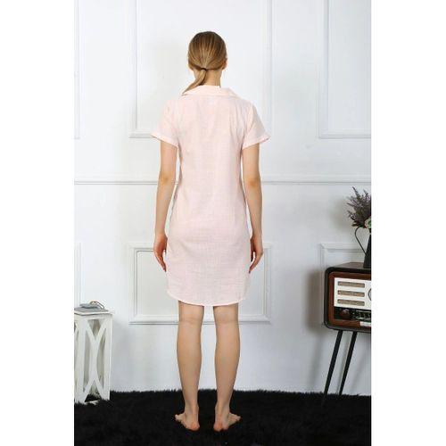 Kadın Pamuk Keten Kısa Kol Düğmeli Pudra Tunik Gecelik