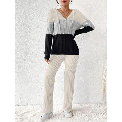 Kadın Uzun Kollu Kapşonlu Bağcıklı Blok Renkli şardonlu Kaşkorse Bluz Ve Pantolon Ikili Takım