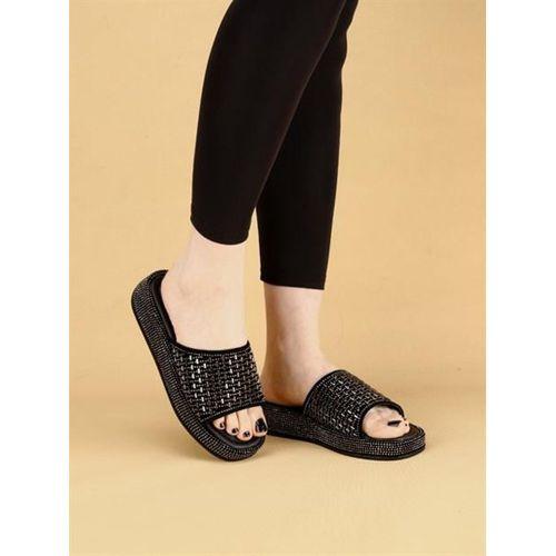 LAYKLY Taş Detaylı Parlak Yazlık Model  Platform Kadın Platin Terlik