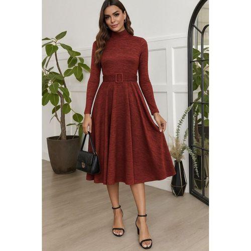 Kadın Uzun Kollu Balıkçı Yaka Kemer Detaylı Yumoş Midi Elbise