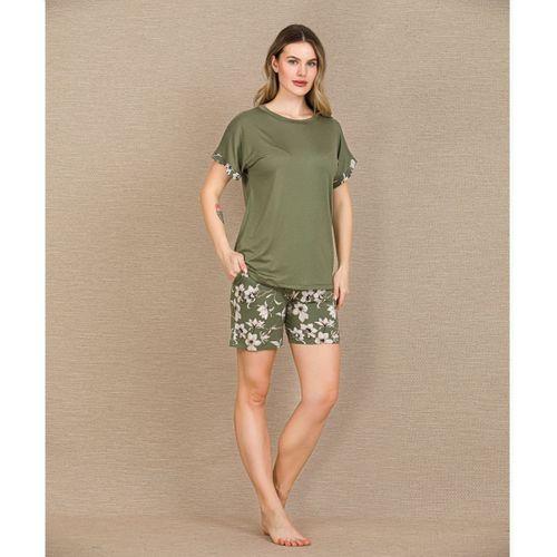 Şık Tasarım Çiçek Desenli Yeşil Şortlu Kısa Kol Viskon Pijama Takımı
