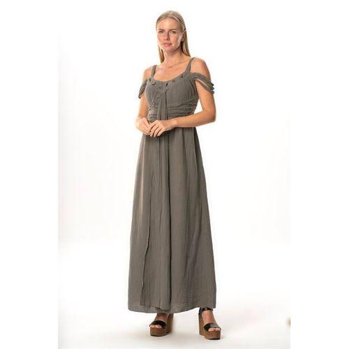 Askılı Kleopatra Kol Detaylı Uzun Müslin Yazlık Elbise Gri Gri