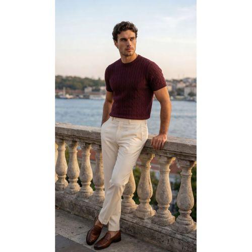 Erkek Örgü Desen Bisiklet Yaka Triko Tişört - %100 Pamuk Akrilik